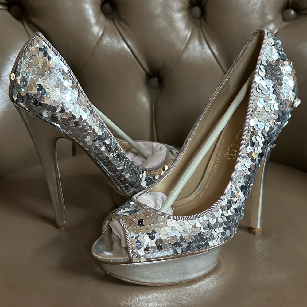 Aldo Mackall Silver Sequin Platform Heels